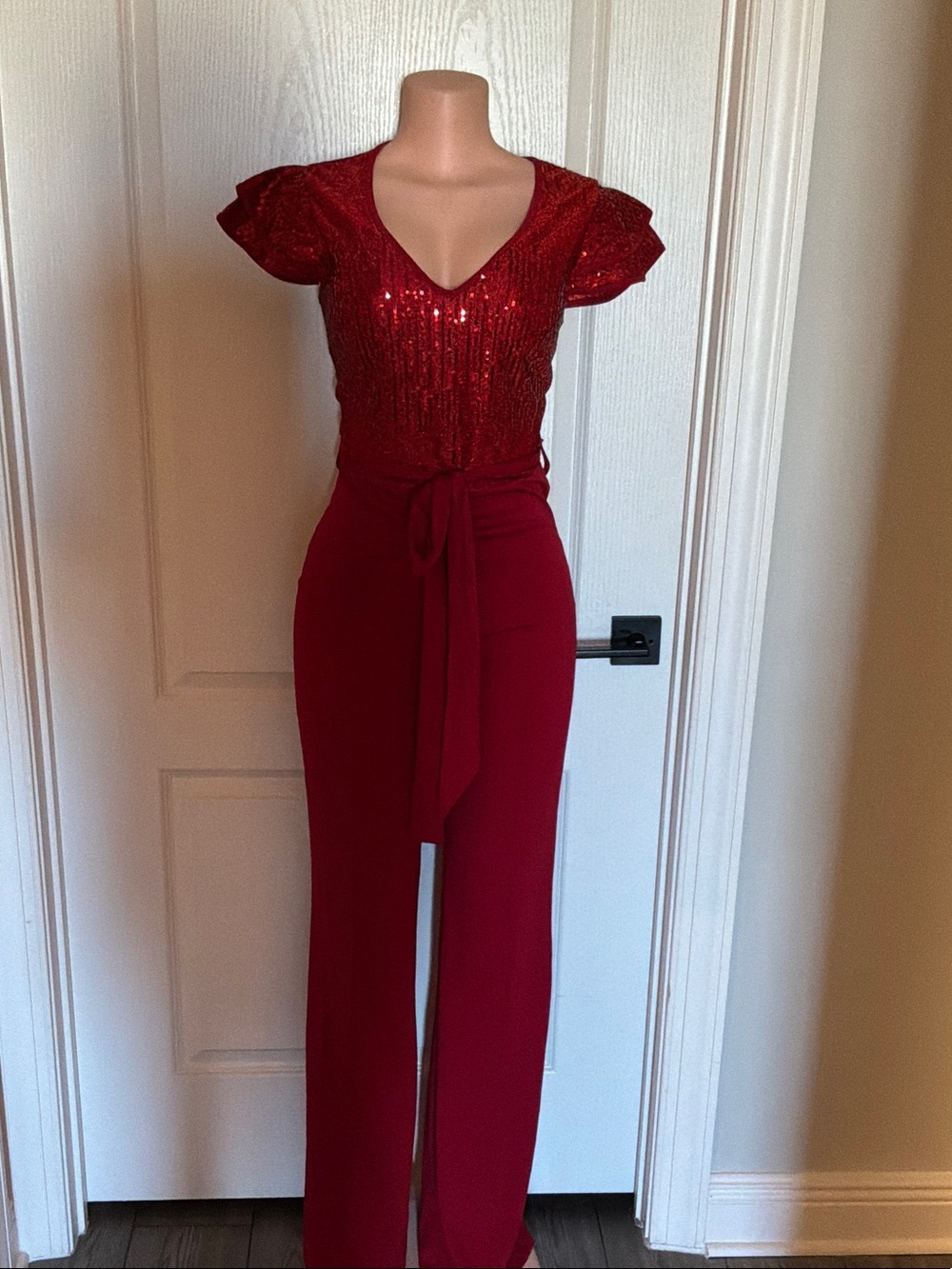 Red Sequin V-Neck Jumpsuit with Tie Waist